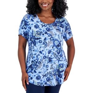 JM Collection Top Womens Plus 2X Blue Floral Peasant Blouse Rayon Stretch NWT‎